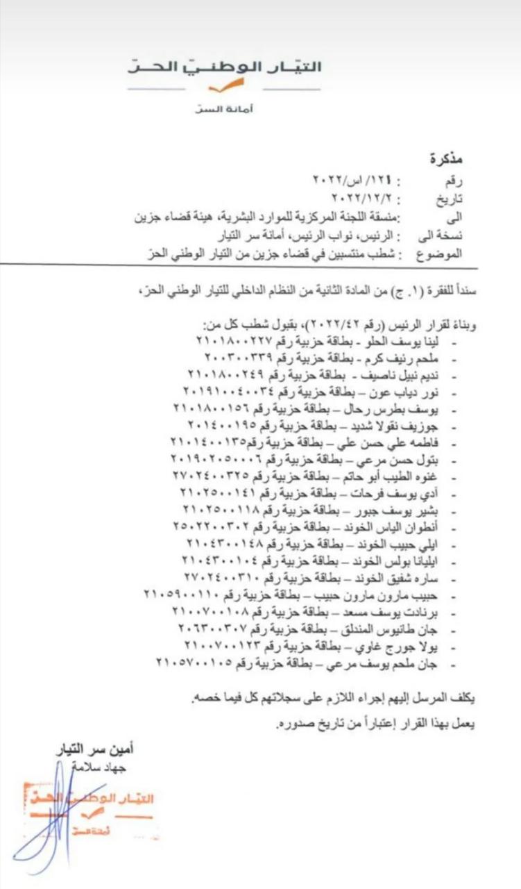 بالصورة: فصل ٢٠ منتسباً من "الوطني الحر"